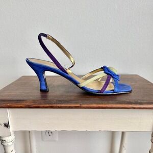 Y2K Blue / Green Flower Kitten‎ Heel genuine leather suede size 9.5 slingback